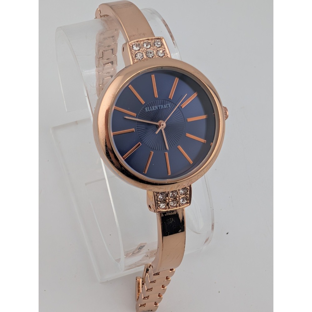 Ellen Tracy Women's Watch 30mm Rose Gold Case Blue Dial 7" Band- New Battery